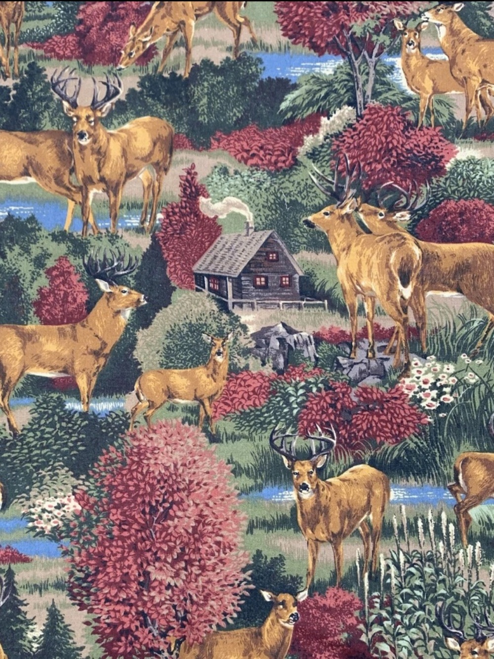 Vintage Cranston Printworks Deer Buck Cabin Print Cotton Fabric 1 yard